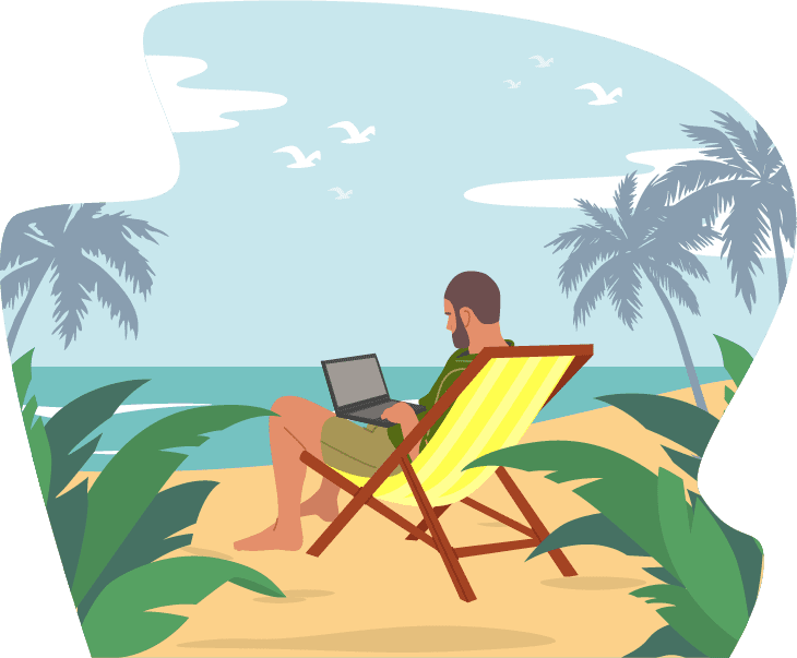 Im Liegestuhl am Strand am arbeiten