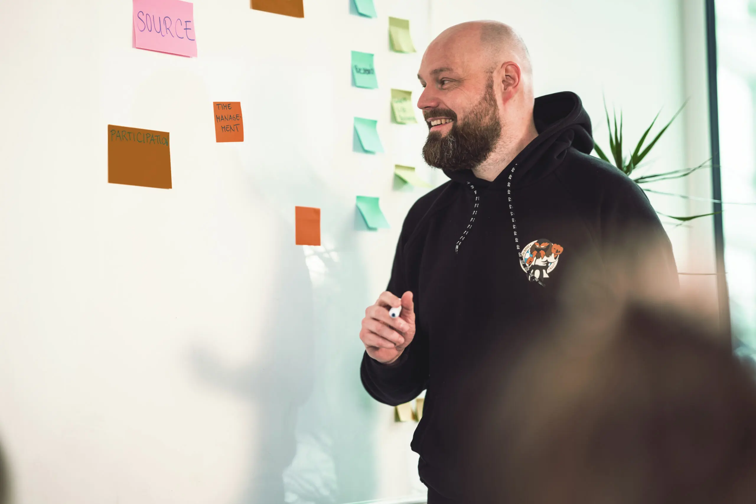 Rudolf an der Tafel Post-Its