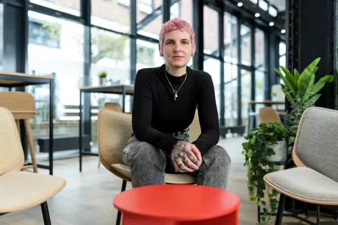 Woman looks self-confident Campus vibes